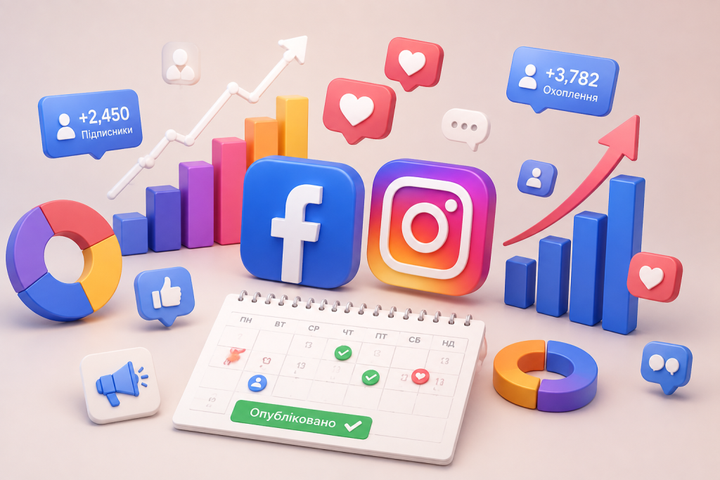 Facebook Business Suite: керування сторінкою компанії 3D-композиція з логотипами Facebook та Instagram, графіками охоплення і приросту підписників