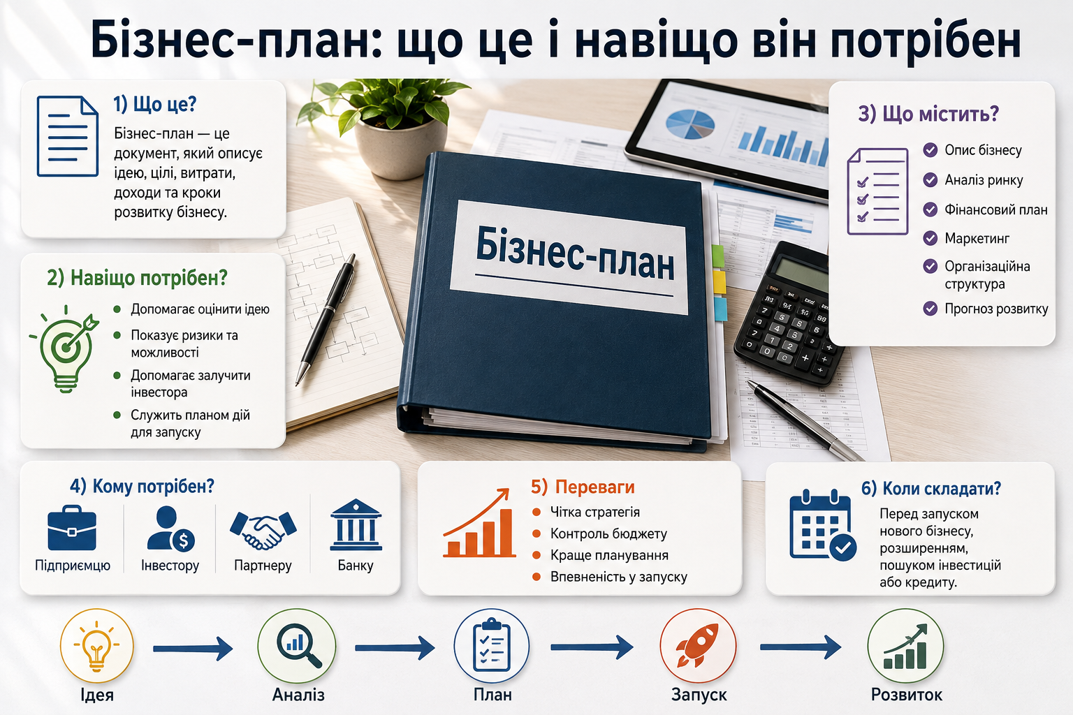 Інфографіка про структуру, призначення та переваги бізнес-плану для запуску й розвитку бізнесу