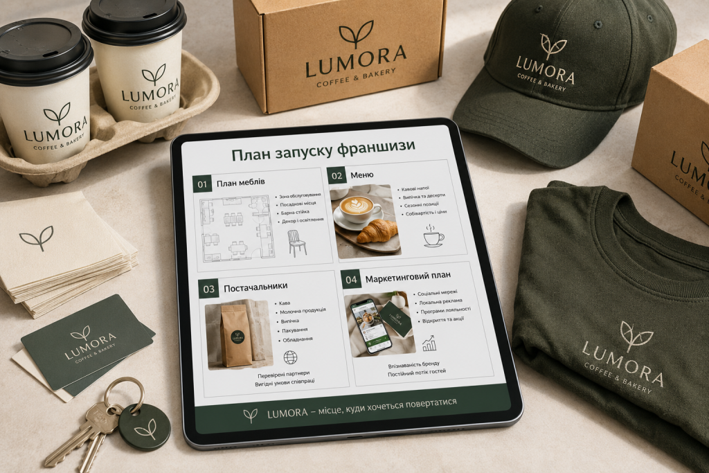 План запуску франшизи кав’ярні Lumora на планшеті серед брендованого пакування та одягу