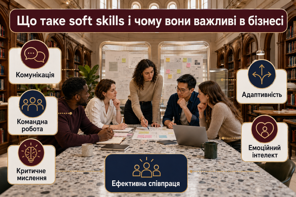 Інфографіка про ключові soft skills у бізнесі: комунікацію, командну роботу, критичне мислення, адаптивність та емоційний інтелект