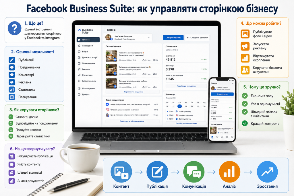 Інфографіка про керування сторінками Facebook та Instagram через Facebook Business Suite