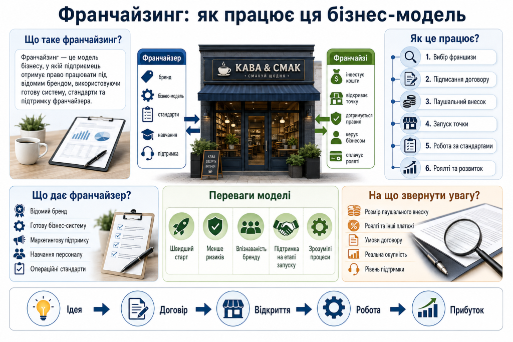 Інфографіка про принцип роботи франчайзингу, переваги та обов’язки франчайзера і франчайзі