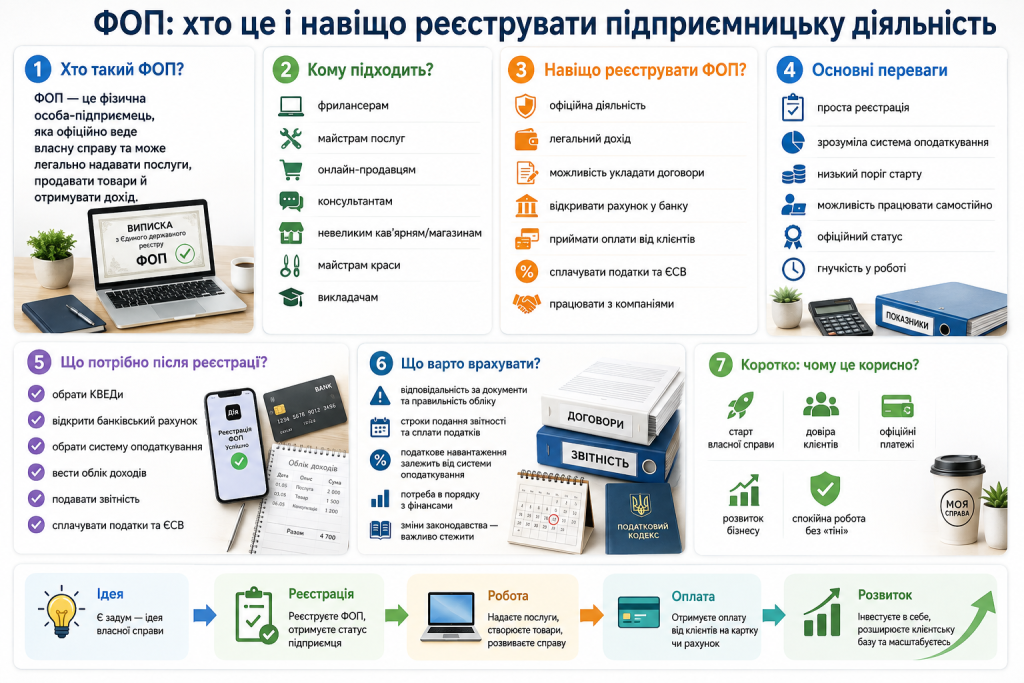 Інфографіка про реєстрацію ФОП, переваги офіційного бізнесу, податки та обов’язки підприємця