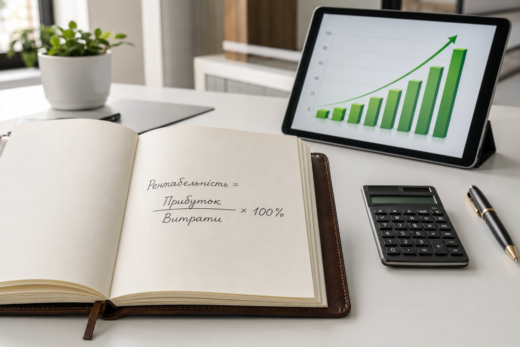 Формула рентабельності в блокноті поруч із калькулятором і графіком зростання прибутку