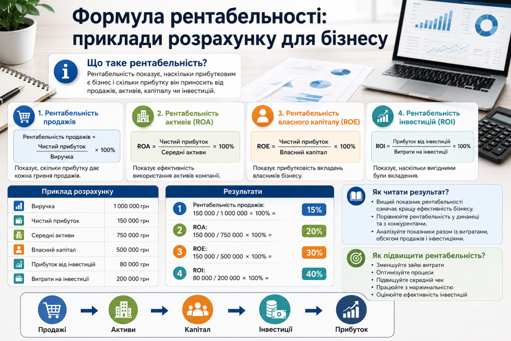 Інфографіка з формулами рентабельності продажів, активів, капіталу та інвестицій