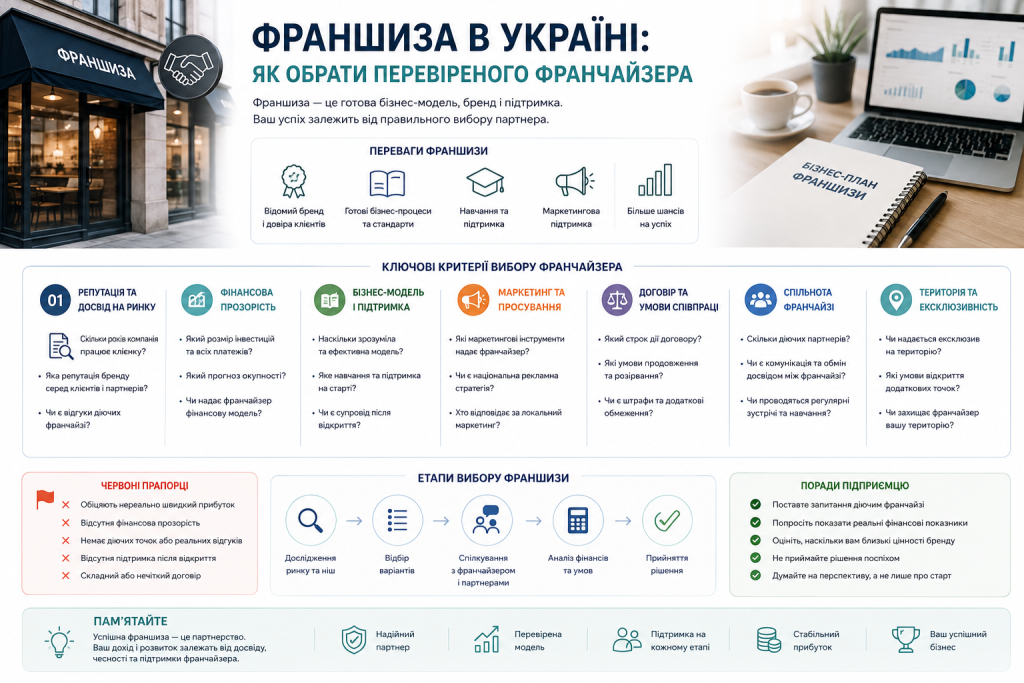 Інфографіка з критеріями вибору перевіреного франчайзера та ознаками надійної франшизи в Україні