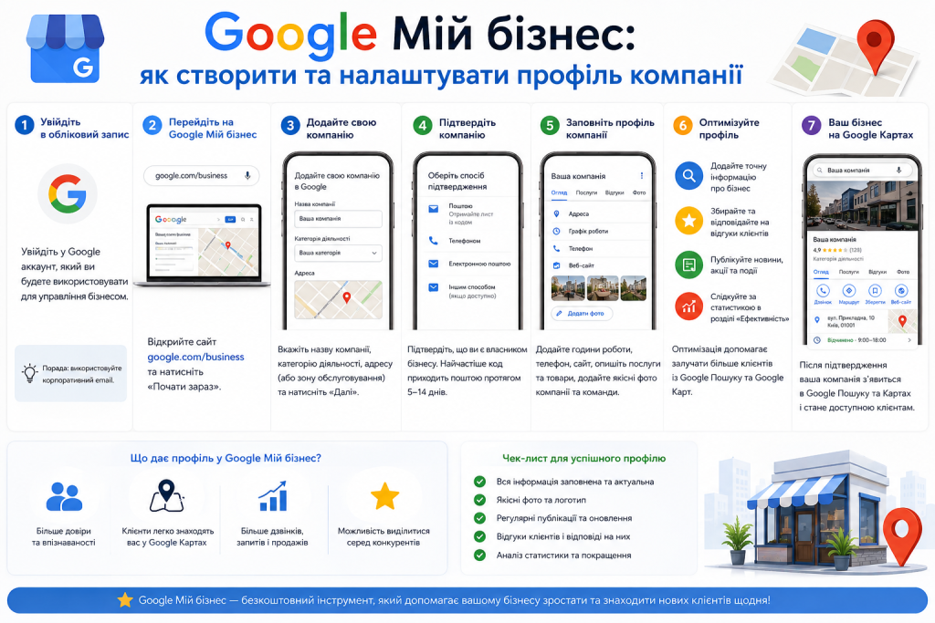Покрокова інфографіка зі створення, підтвердження та налаштування профілю компанії в Google