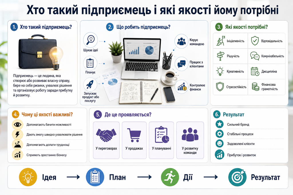 Інфографіка про завдання підприємця, важливі особисті якості та результати ведення бізнесу