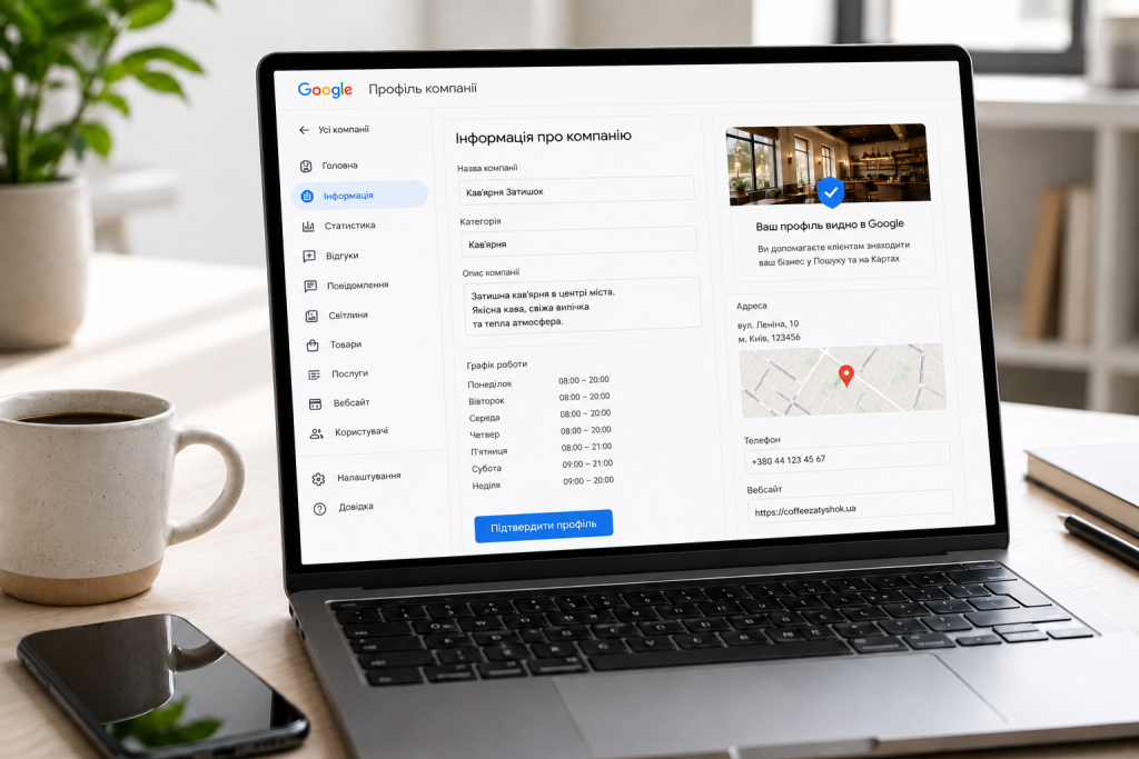 Google Мій бізнес: створення та налаштування профілю Панель керування профілем компанії Google з адресою, графіком роботи та контактами на екрані ноутбука