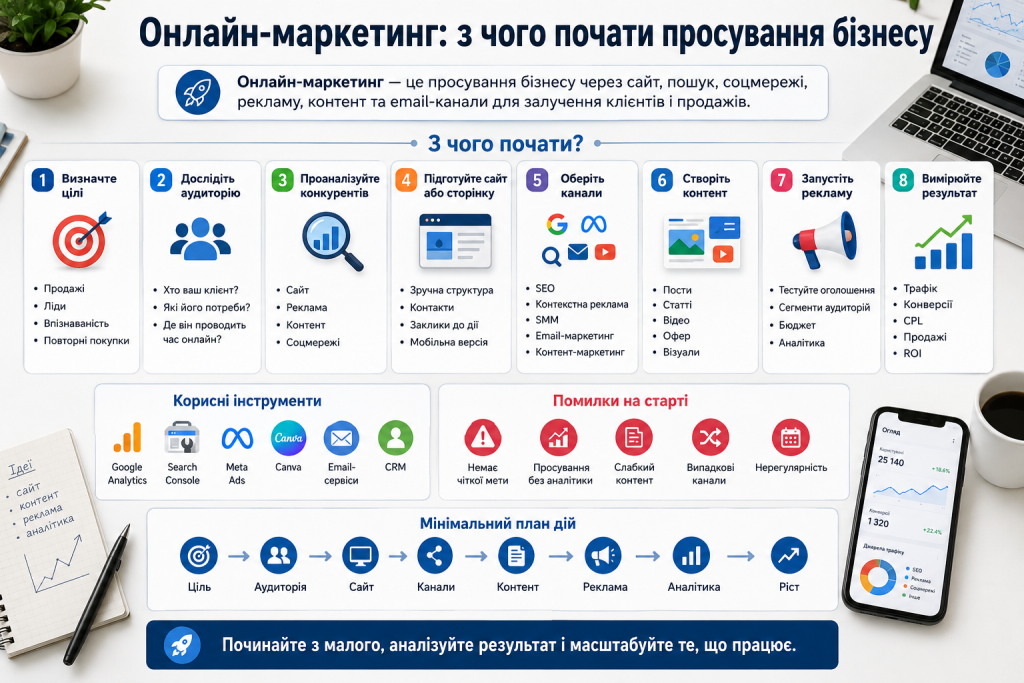 Покрокова інфографіка про запуск онлайн-маркетингу, вибір каналів, рекламу та аналіз результатів