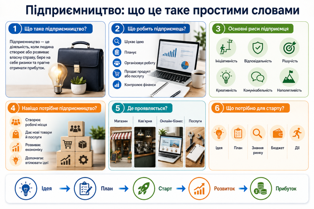 Інфографіка про підприємництво, риси підприємця та основні кроки для запуску власної справи