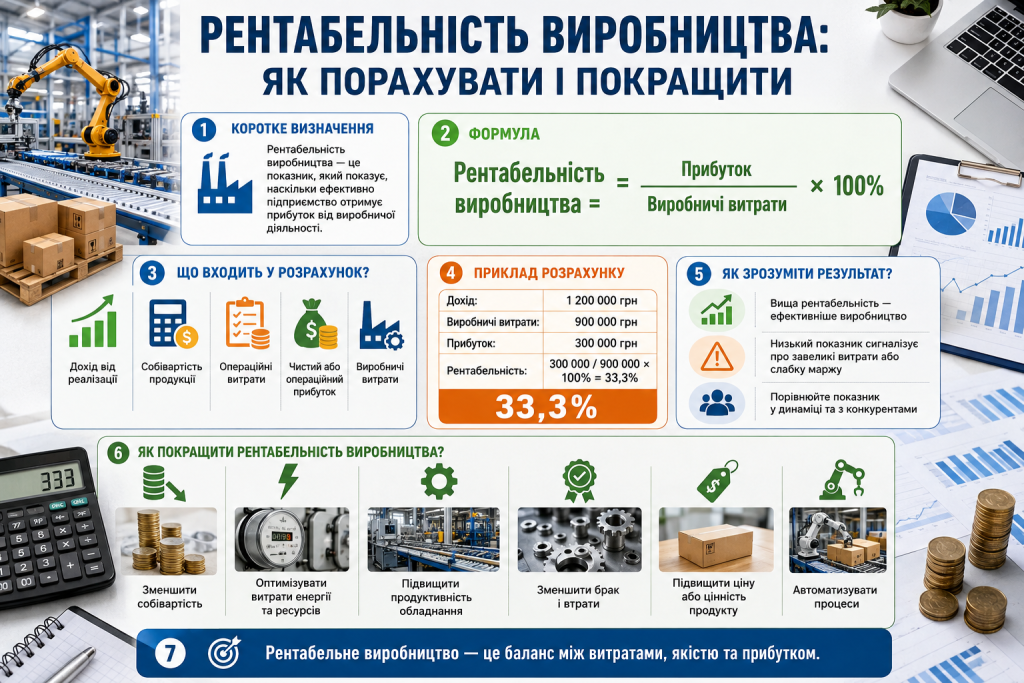 Інфографіка про розрахунок рентабельності виробництва та способи підвищення прибутковості