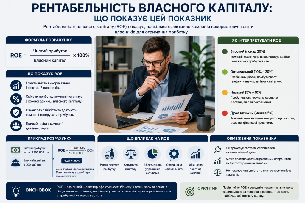 Інфографіка про рентабельність власного капіталу ROE з формулою розрахунку, прикладом та поясненням показника