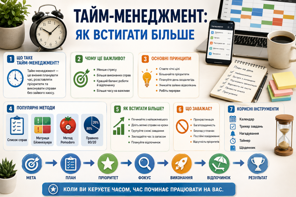 Інфографіка про принципи, методи та інструменти тайм-менеджменту для ефективного планування часу