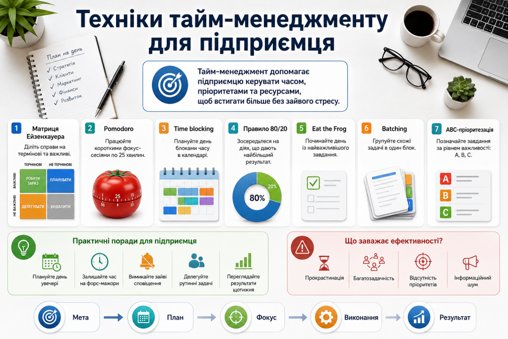 Інфографіка з методами Pomodoro, матрицею Ейзенхауера, правилом 80/20 та іншими техніками планування