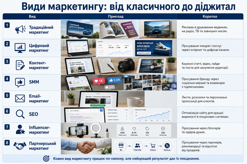 Порівняльна таблиця традиційного, цифрового, контент-, SMM, email-, SEO та партнерського маркетингу