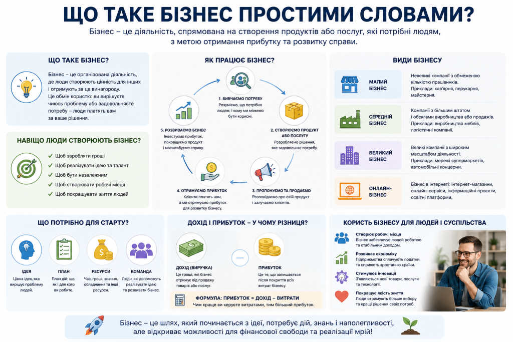 Інфографіка про основні складові бізнесу, створення цінності, клієнтів, доходи, витрати та прибуток