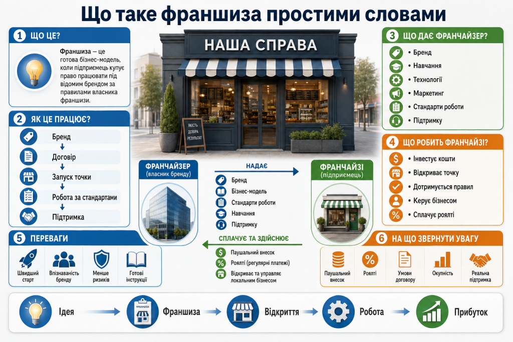 Інфографіка про принцип роботи франшизи, обов’язки франчайзера і франчайзі, переваги та платежі
