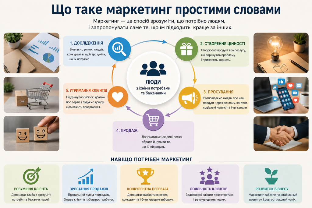 Інфографіка про основні етапи маркетингу — дослідження, створення цінності, просування, продажі й утримання клієнтів