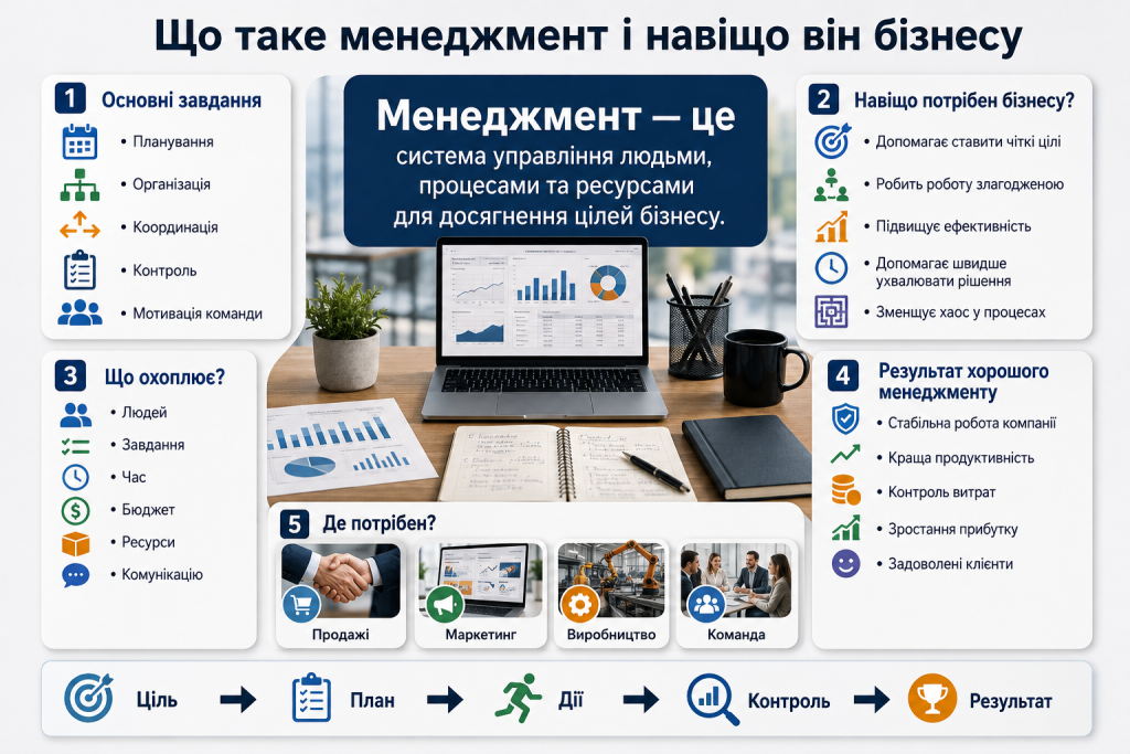 Інфографіка про завдання, функції та результати ефективного менеджменту в бізнесі