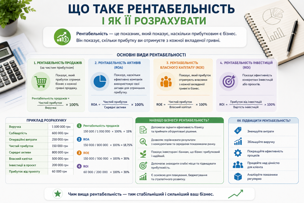 Інфографіка з формулами та прикладами розрахунку рентабельності продажів, активів, капіталу й інвестицій