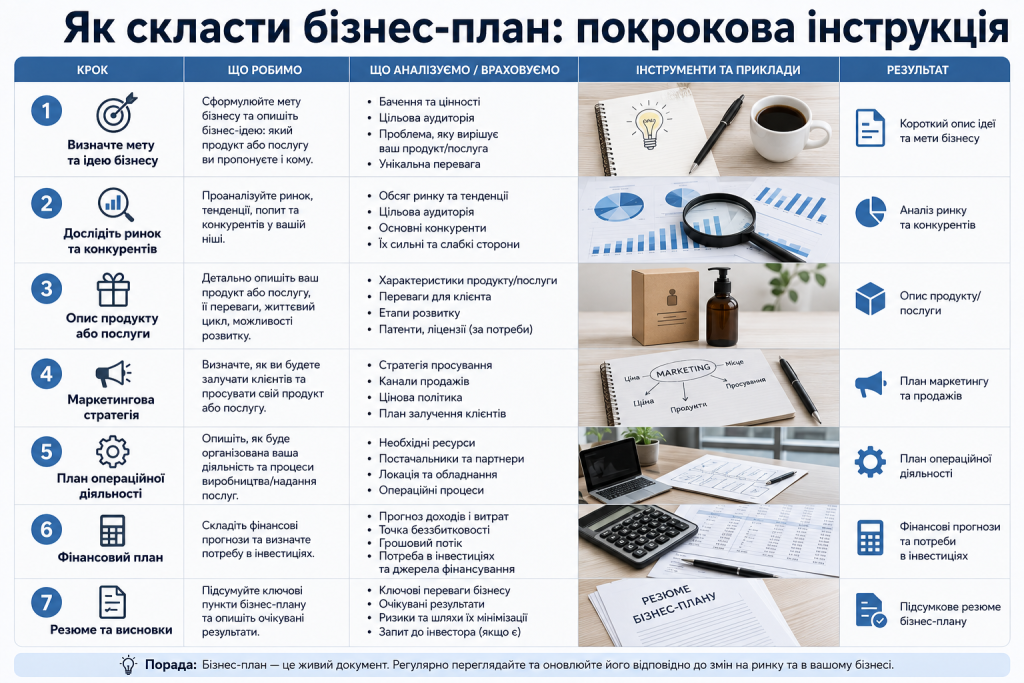 Покрокова таблиця зі складання бізнес-плану від визначення ідеї до фінансового плану та резюме