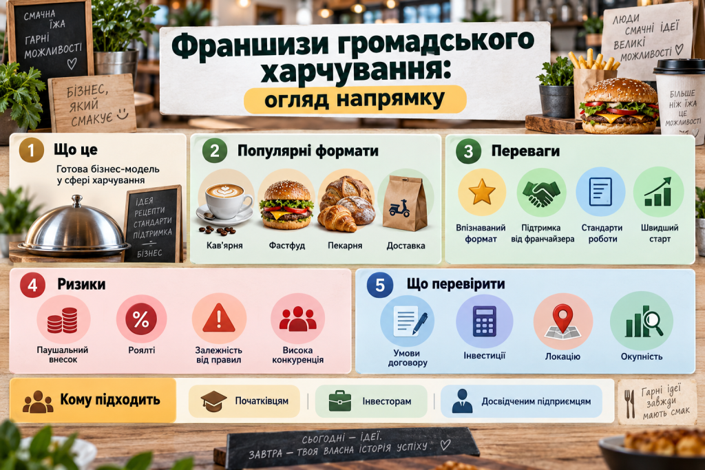Інфографіка про франшизи громадського харчування, популярні формати бізнесу, переваги, ризики, інвестиції та критерії вибору франшизи.