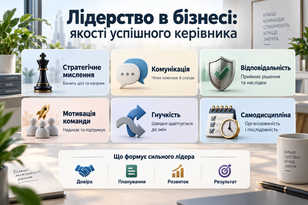 Інфографіка про ключові якості бізнес-лідера: стратегічне мислення, комунікацію, відповідальність, мотивацію команди, гнучкість і самодисципліну.