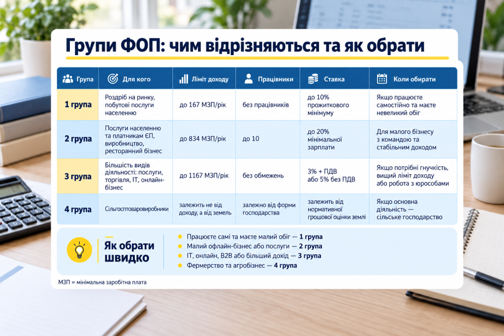 Інфографіка про групи ФОП в Україні, ліміти доходу, кількість працівників, ставки податків та критерії вибору групи.