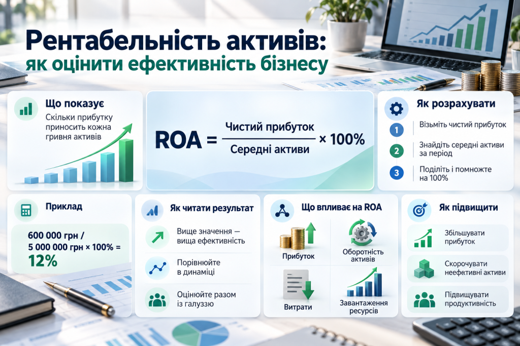 Інфографіка про рентабельність активів підприємства: формула ROA, приклад розрахунку, показники ефективності бізнесу та способи підвищення прибутковості.