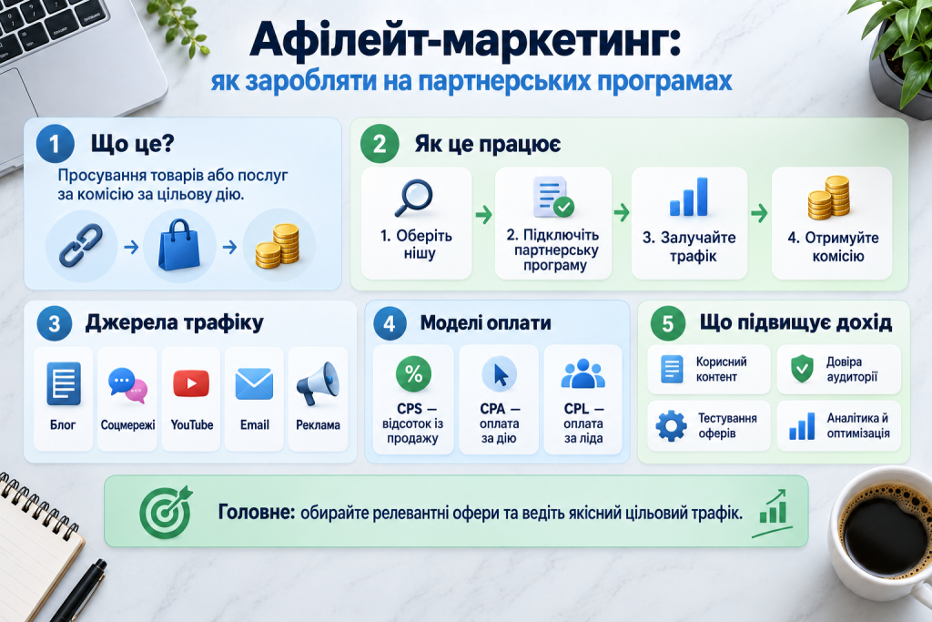 Інфографіка про афілейт-маркетинг, партнерські програми, джерела трафіку, моделі оплати та способи збільшення доходу