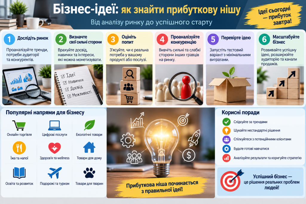 Інфографіка про пошук прибуткової бізнес-ніші, аналіз ринку, попиту, конкурентів, перевірку ідеї та масштабування бізнесу